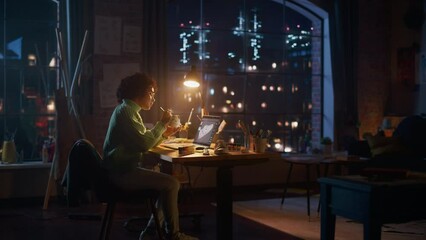 Poster - Black Woman Sitting at Her Desk, Drawing, Working on Custom Made Sneakers. Female Professional Artist Creating New Design For e-business Drop Sale. Unique Hand Made Footwear Concept. Zoom in Shot