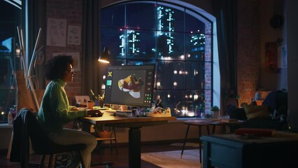 Poster - Multiracial Female Comes Up with Design of Sneakers by Reproducing It in the Program for 3d Visualisation. She Changes Colour and Looking at Model from Different Sides