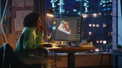 Poster - Multiracial Female Designer Working on Desktop Computer, Screen Showing Software with 3D Model of Shoe. Concentrated Woman Creating her Own Project, Using New Technology on Computer