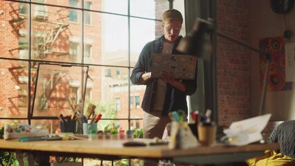 Poster - Professional Designer Holds Laptop, Walks around His Room, Writing Code and Check, Sits down and Starts Working on the Project. Development Studio of Creative Man Concept