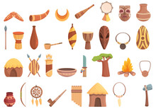 Aborigin Icons Set Cartoon Vector. Cultural Africa. Totem Tribe