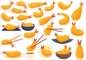 Tempura icons set cartoon vector. Appetizer shrimp. Fried deep