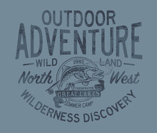 Wilderness Outdoor Adventure Fishing Camp Vintage Vector Print For Boy T Shirt Grunge Effect In Separate Layer
