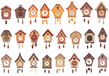 Cuckoo Clock Icons Set Cartoon Vector. Hour Clock. Antique Alarm