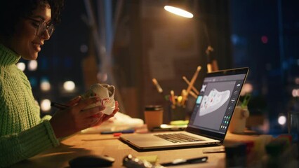Poster - Dynamic Shot of Black Woman Sitting at Her Desk, Drawing, Working at Custom Made Sneakers. Female Professional Artist Applying her Own Design amd Make Unique Footwear. Moving Camera View
