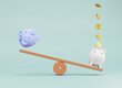 Piggy standing and playing seesaw with golden coin dropping for money saving deposit and investment concept by 3d render illustration.