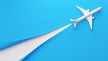A Toy Airplane On A Blue Paper Background, With White Copy Space. Overhead View Flat Lay. Travel Agency Banner Design Template.