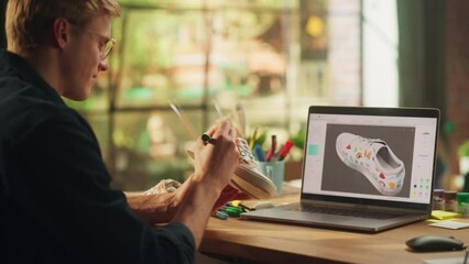 Leinwandbilder - Inspired Blonde Man Creating Custom Made Model of Shoes while Look at 3D Prototype at his Laptop. Art and DIY Objects Concept. Over the Shoulder