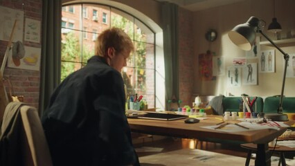 Poster - Looking for Ideas. Male Developer Have Coffee Break, Comes Up with Fresh Idea, Sits at Table and Starts Working on the Project. Fashion Designer Using 3D Model Technology on Computer