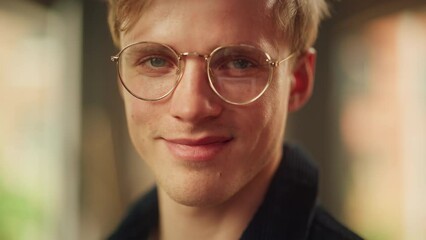 Aufkleber - Cinematic Shot of Blonde Male Digital Entrepreneur in Glasses Standing at Home, Looking at the Camera with Smile. Man Contemplating e-Business Ideas, Investment Strategy. Close Up