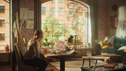 Poster - Teenage Female Designer Going Through her Office, Sits Down and Starts Working on the Project. Woman Creating New Unique Sneakers at Home. Using 3D Model Technology on Computer