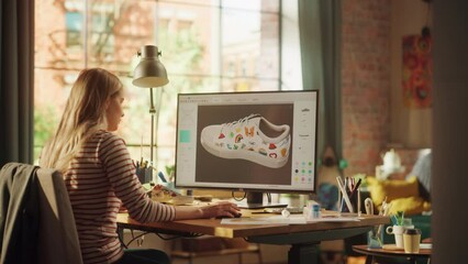 Poster - Skillful Graphic Designer Using Desktop Computer while Modelling Unique 3D Shoe in CAD Software Program. Woman Designing at her Home. Creative Mess at the Table