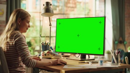 Poster - Blonde Female Creator Zoom On and Zoom Out while Modelling on Desktop Computer with Green Chroma Key Screen. Freelance Woman Working at her Project