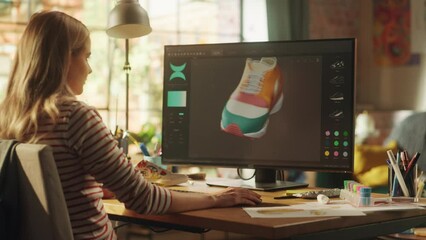 Poster - Teenage Female Footwear Designer Rotate 3d Model of Shoe and Change Colours on it while Working on Desktop Computer in Creative Space. Shoe Production Procedure Concept