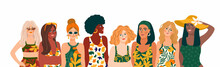 Vector Illustration Of Women In Bright Swimsuit. Young Girls With Different Skin Colors. Design For Summer Concept And Other
