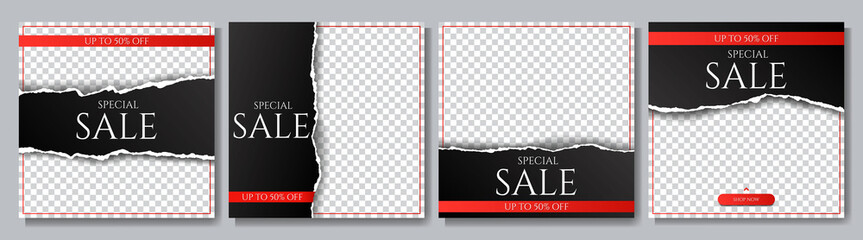 Vector illustration. Torn paper effect. Black gradient color banner collection. Design element for social media template, web banner, blog post, advertisement mockup. Decorative realistic 3d concept