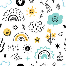 Cute Seamless Pattern With Abstract Doodle Elements. Vector Background With Different Hand Drawn Illustrations