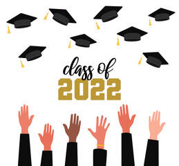 Wall Mural - Class of 2022. Graduation hat. Graduates throwing cap. Vector