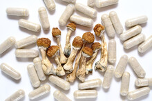 Micro Dosing Concept. Dry Psilocybin Mushrooms And Natural Herbal Pills On White Background. Psychedelic Magic Mushroom As Medical Supplement.