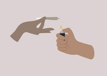 An Isolated Image Of Hands Holding A Lit Cannabis Joint And A Lighter, Recreational Drugs, CBD Hemp