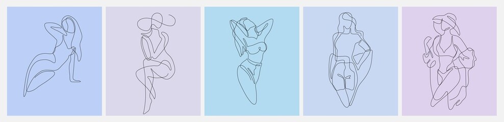 Wall Mural - Set of elegant poster with abstract linear woman. Minimalistic female figure and face. Vector concept art of femininity and beauty in a trendy linear style for logo wall art or beauty salon. Vector