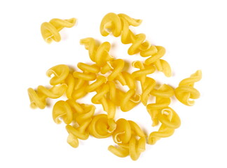 Uncooked durum pasta, funghetti pile isolated on white, top view