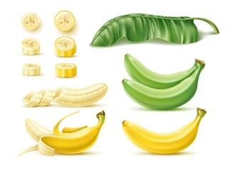 Wall Mural - Banana fruits. Yellow and green dessert tropical fruits and palm leaf, 3d unpeeled, whole and cut raw food realistic objects, sweet flavour exotic product, cooking ingredient vector set