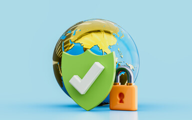 security shield check mark with global lock sign 3d illustration world information details protect safe world information authentication correct confirm approve concept for block earth details 