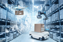 Concept Of Unmanned Automated Warehouse With Robots And Drones. Industry 4.0