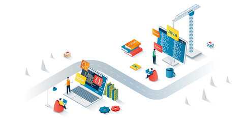 Fototapete - Programming company concept 3d isometric web banner. People developers create software and programs, coding and testing, optimize product. Vector illustration for landing page and web template design