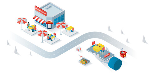 Poster - Restaurant concept 3d isometric web banner. People visit street cafe, sitting and dining at cafeteria table, client ordering lunch online. Vector illustration for landing page and web template design