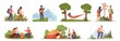 © YummyBuum - Cartoon hiking characters. Male and female tourists expedition, travelling on nature, people sitting by fire, resting in tent, explorers adventure, healthy lifestyle vector active hobby set