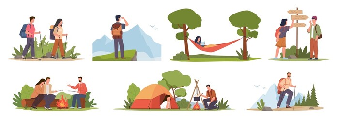 cartoon hiking characters. male and female tourists expedition, travelling on nature, people sitting