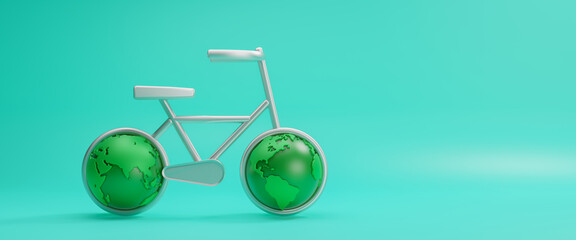 Wall Mural - Concept of world bicycle day and car free day, healthy lifestyle, cycling and sports activity in nature, green bicycle and world. Environment preserve, background geometric shape, 3d rendering