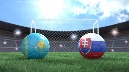 Two soccer balls in flags colors on stadium blurred background. Kazakhstan and Slovakia. 3d image