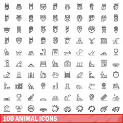 Sticker - 100 animal icons set. Outline illustration of 100 animal icons vector set isolated on white background