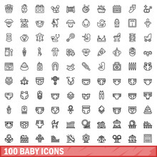 100 Baby Icons Set. Outline Illustration Of 100 Baby Icons Vector Set Isolated On White Background
