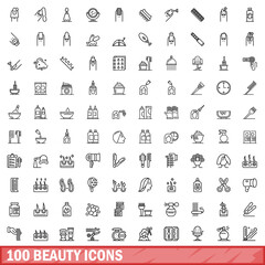 Sticker - 100 beauty icons set. Outline illustration of 100 beauty icons vector set isolated on white background