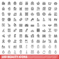 Wall Mural - 100 beauty icons set. Outline illustration of 100 beauty icons vector set isolated on white background
