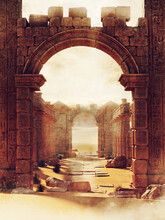 Fantasy Scene With An Arch In A Ruined Ancient Egyptian Temple In The Desert. 3D Render.