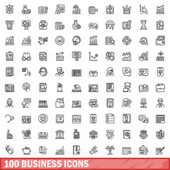 Poster - 100 business icons set. Outline illustration of 100 business icons vector set isolated on white background