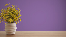 Wooden Table Top Or Shelf With Pottery Vase With Yellow Daisies, Wild Flowers, Ornament, Meadow, Grass, Still Life, Branch In Vase, Purple Background With Copy Space, Interior Design