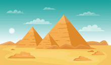 Egypt Desert With Pyramids. Africa Landscape Background. Egyptian Town Giza. Ancient History Tomb. Sand Scenery. Architecture Landmark. Old Buildings. Vector Cartoon Scenic Panorama Concept