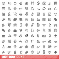 Wall Mural - 100 food icons set. Outline illustration of 100 food icons vector set isolated on white background