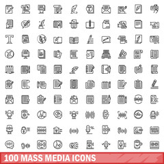 Sticker - 100 mass media icons set. Outline illustration of 100 mass media icons vector set isolated on white background