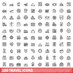 Sticker - 100 travel icons set. Outline illustration of 100 travel icons vector set isolated on white background