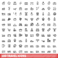Canvas Print - 100 travel icons set. Outline illustration of 100 travel icons vector set isolated on white background
