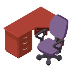Wall Mural - Business furniture icon isometric vector. Modern office table and chair icon. Wooden table, work chair, workplace, office furniture