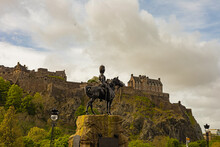 View To Castle Hill In Edinburgh With The Royal Scots Greys Monument In Front