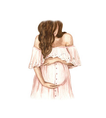 Pregnant woman, future mom. Pregnancy, motherhood concept.  Watercolor hand-painted illustration